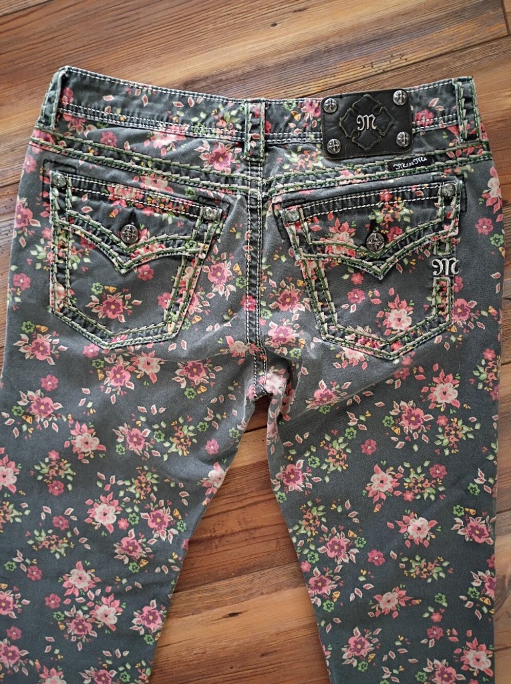 Miss Me Green Skinny Jeans with Pink Floral Print - Picture 6 of 7